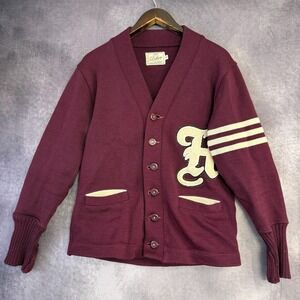 Vintage Dehen Sweater Cardigan Men Size Small Red Wool Varsity Letterman Knit
